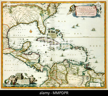 . Nederlands: Kaart van Midden-Amerika Caribisch en het gebied. Insulae Americanae in Oceano Septentrionali ac Regiones Adiacentes, C. de Kann usque ad Lineam AEquinoctialem. Deze kaart van Midden-Amerika werd gepubliceerd door Nicolaas Visscher II (1649-1708). Het kaartbeeld ist vermoedelijk gebaseerd op oudere kaarten Sterben aan het Begin van de 17 de eeuw in Amsterdam waren Uitgegeven. Pas aan het einde van de 17 de eeuw onderging dit kaartbeeld onder invloed van de Franse kartografen Grote veranderingen. Vgl. Koninklijke Bibliotheek, Den Haag, Inv.nr. 185 B14 deel II, na s. 172. Englisch: Karte Stockfoto