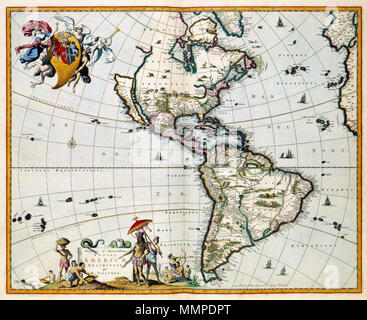 . Nederlands: Kaart van Noord en Zuid-Amerika. Novissima et Accuratissima Totius Americae. Deze kaart van Nicolaas Visscher II (1649-1702) ist een bewerkte herdruk sterben 1658 kaart van een Door zijn Vader Nicolaas Visscher war ich gepubliceerd. De kaart heeft een Grote invloed gehad Op de Amerika-kaarten Sterben später in de 17 de 18 de eeuw Werdener gepubliceerd. Vooral de oostkust van Noord-Amerika ist Vrij nauwkeurig gekarteerd. Nicht Dit geldt voor de Amerikaanse westkust, waarop Californië ist afgebeeld als Eiland een. Op de kaart zijn verschillende kleine illustraties te zien, zoals in Zuid-Amerika o Stockfoto