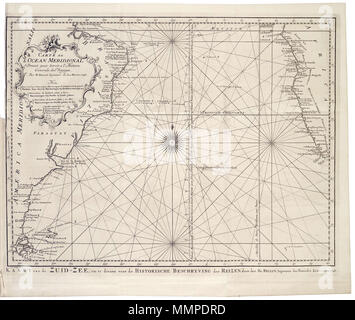 . Nederlands: Kaart Van Het Zuidelijk deel van de Atlantische Oceaan. Kaart van de Zuid-Zee, om te dienen voor de Historische Beschreibung der Reizen. Carte de l'Ocean Meridionale/Dressée Servir à l'Histoire Generale des Voyages gießen, par M. Bellin Ingenieur de la Marine. 1746. Legenda: Nota /* Lieux ou il y a Beobachtung astronomiques de Latitude et de Longitude. Daar plaatssen Sterrek. Waarneemingen van Breedte, en van Länge zyn. / + Bemerkungen de Latitude faites a Terre. Waarneemingen van Breedte gedaan te Lande. /++ Bemerkungen de Latitude faites a la Mer. Waarneemingen van Breedte Stockfoto