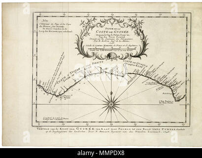 . Nederlands: Kaart van de Kust van West-Afrikaanse Kaap das Palmas tot Kaap Tres Puntas. Vervolg van de Kust van Guinea, van Kaap das Palmas tot aan Kaap Tres Puntas, Geschikt op de Zeelieden Daghregisters der. Tür N. Bellin, Ingenieur van den Fransen Zeevaard. 1746. Suite de La Coste de Guinea/Depuis Le Cap de Palme Jusqu'au/Cap des Trois Pointes/Dressée sur les Journaux des Navigateurs/par N. Bellin Ing. r de la Marine, 1746. Deze kaart ist Het vervolg op Sterben na s. 53 in hetzelfde boek. Deutsch: Karte der westafrikanischen Küste von Cape Palmas das Kap Tres Puntas. Vervolg van de Stockfoto