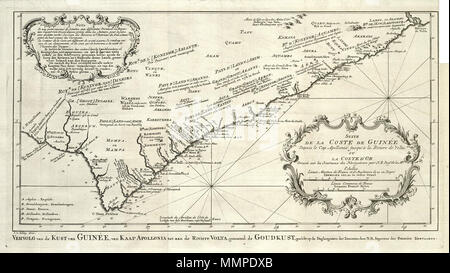 . Nederlands: Kaart van de Goudkust. Vervolg van de Kust van Guinea, van Kaap Apollonia tot aan de Riviere Volta, genoemd de Goudkust, geschikt Op de Daghregisters der Zeelienden, Tür HINWEIS: Ingenieur des Fransen Zeevaards. Suite/de La Coste de Guinea/Depuis Le Cap Apollonia jusqu'à la Riviere de Volta/ou/La Coste d'Or/Dressée sur les Journaux des Navigateurs par ANMERKUNG Ingr.de la M: e. Deutsch: Karte der Gold Coast. Vervolg van de Kust van Guinea, van Kaap Apollonia tot aan de Riviere Volta, genoemd de Goudkust, geschikt Op de Daghregisters der Zeelienden, Tür HINWEIS: Ingenieur des Fra Stockfoto