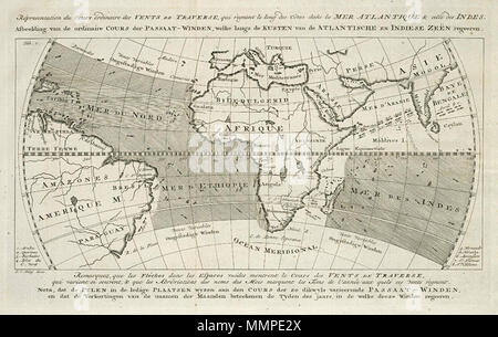 . Nederlands: Kaart van de Atlantische en Indische Oceaan. Répresentation du Cours ordinaire des Vents de Traverse, qui le Long des Côtes dans la Mer Atlantique & Celle des Indies règnent. Afbeelding van de ordinaire Cours der Passaat-Winden, welke Langs de Kusten van de Atlantische en Indiese Zeën regeeren. Englisch: Karte des Atlantischen und des Indischen Ozeans. Répresentation du Cours ordinaire des Vents de Traverse, qui le Long des Côtes dans la Mer Atlantique & Celle des Indies règnent. Afbeelding van de ordinaire Cours der Passaat-Winden, welke Langs de Kusten van de Atlantische en Indiese Zeën Stockfoto