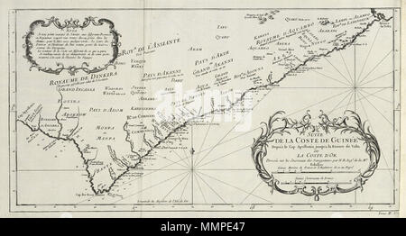 . Nederlands: Kaart van de Kaap Apollonia tot Goudkust van de rivier Volta. Suite de La Coste de Guinea/Depuis Le Cap Apolonia jusqu'à la Riviere de Volta ou La Coste d'Or. Rechtsonder: Tome IV. Nr.: I. Englisch: Karte der Gold Coast von Cape Apollonia der Volta River. Suite de La Coste de Guinea/Depuis Le Cap Apolonia jusqu'à la Riviere de Volta ou La Coste d'Or. Unten rechts: Tome IV. Nr.: I. Nederlands: Kaart van de Kaap Apollonia tot Goudkust van de rivier Volta Englisch: Karte der Gold Coast von Cape Apollonia der Volta River. 1746. Schöpfer: Jacques Nicolas Bellin Creator: Dido Stockfoto