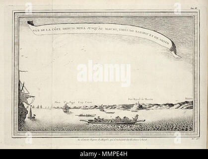 . Nederlands: Gezicht op de Goudkust, van Elmina tot Mouree. Vüe de la côte depuis Mina Jusqu'au Maure, tirée de Barbot et de Smith. Het fort Op de voorgrond waarschijnlijk ist nicht Het fort te Manfro, maar Fort Nassau te Moure. Eigenlijk Manfro, der Princes Town, ligt aan de andere Kant van Elmina, gezien desde Cabo Corso. Op de voorgrond ist te zien hoe Slaven aan boord van een schip Referenzen Nordworden. Vgl. Koninklijke Bibliotheek, Den Haag, Inv.nr. 693 C6 deel IV, na s. 535 en 3032 B 10, S. 588. Englisch: Blick von der Gold Coast, von Elmina zu Mouree. Vüe de la côte depuis Mina Jusqu'au Mau Stockfoto