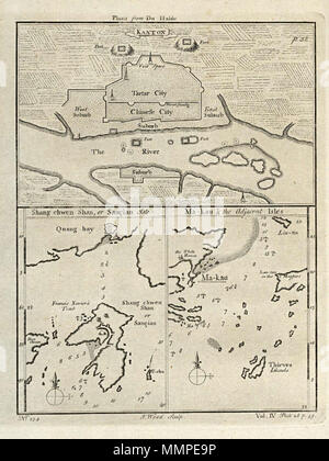 . Nederlands: Drie plattegronden van de Chinese kust near Kanton. Kanton. Shang Shan, oder Sançian chwen Isle. Ma-kau- und die benachbarten Inseln. Linksonder: Nr.: 134. Rechtsonder: Vol.IV Platte 28 s. 59. De afbeeldingen zijn overgenomen uit J.B., Du Halde, 'Description géographique, historique, Chronologique, politique, et Physique de l'Empire de la Chine et de la Tartarie chinoise" (Den Haag 1736). Englisch: Drei Charts der chinesischen Küste in der Nähe von Kanton. Kanton. Shang Shan, oder Sançian chwen Isle. Ma-kau- und die benachbarten Inseln. Unten links: Nr.: 134. Unten rechts: Vol. IV Platte 28 s. 59. Die Drucke haben Stockfoto