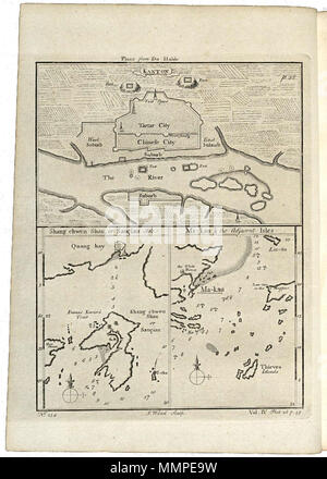 . Nederlands: Drie plattegronden van de Chinese kust near Kanton. Kanton. Shang Shan, oder Sançian chwen Isle. Ma-kau- und die benachbarten Inseln. Linksonder: Nr.: 134. Rechtsonder: Vol.IV Platte 28 s. 59. De afbeeldingen zijn overgenomen uit J.B., Du Halde, 'Description géographique, historique, Chronologique, politique, et Physique de l'Empire de la Chine et de la Tartarie chinoise" (Den Haag 1736). Englisch: Drei Charts der chinesischen Küste in der Nähe von Kanton. Kanton. Shang Shan, oder Sançian chwen Isle. Ma-kau- und die benachbarten Inseln. Unten links: Nr.: 134. Unten rechts: Vol. IV Platte 28 s. 59. Die Drucke haben Stockfoto