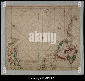 . Nederlands: Kaart van de Kusten van Noord en Zuid Amerika, van Brazilië tot Kanada. Titel im Catalogus Leupe (NA): Pas Caerte van Brasilien en Nieu Cúorvo Nederlandt, van de Flores tot de Barbados. Pascaerte van Brasilien en Nieu Nederlandt van Curvo de Flores tot de Barbados. Dsub op de kaart een Stempel met'S RYKS ARCHIEF. Deutsch: Karte der Küsten von Nord- und Südamerika, von Brasilien bis Kanada. Titel im Katalog Leupe (National Archives): Pas Caerte van Brasilien en Nieu Cúorvo Nederlandt, van de Flores tot de Barbados. Pascaerte van Brasilien en Nieu Nederlandt van Curvo de Flores tot d Stockfoto