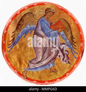 . Englisch: Engel. Symbol des Matthäus der Evangelist, Miniatur aus Morosov-Gospel, Anfang des 15. Jahrhunderts English: Engel. Symbol des Evangelisten Matthäus, Miniatur aus dem Morosov-Evangeliar, Anfang des 15. Jh. Русский: Ангел. Матфея Символ еванглелиста, из миниатюра евангелия Морозова, в начало XV. Polski: Anioł. Symbol ewangelisty Mateusza, miniatura z ewangeliarza Morozowa, początek XV w. . Anfang des 15. Jahrhunderts. Morosov Evangelium unbekannt Engel aus dem 15. Jahrhundert Stockfoto