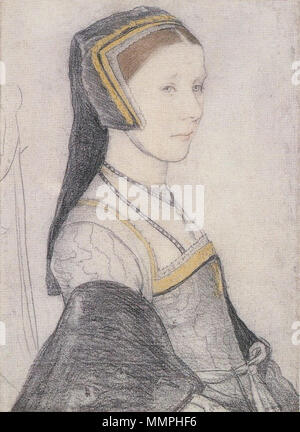 . Englisch: Portrait Studie von Anne Cresacre. Schwarze und farbige Kreide auf Papier, 37,5 x 26,8 cm, Royal Collection, Windsor. Anne Cresacre (1511-77) war der Bezirk von Thomas Morus, der sie in seine Familie nach dem Tod des Vaters übernommen hatte. Im Jahre 1527 war sie verlobt zu Mehr der einzige Sohn, John: die Paare, die 1529 geheiratet. Diese Zeichnung ist einer von sieben feinen überlebenden Studien von Holbein für seine Gruppe Portrait von Thomas More's Familie gezeichnet. Die Rückseite eines Stuhls auf der linken Seite zeigt, dass Anne sitzt, sondern in der Gruppe Portrait steht sie, mit John Mehr in der Nähe. . Ca. 1527. Hans Holbein (1497 Stockfoto