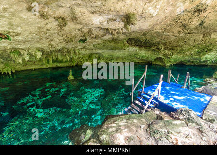 Cenote Dos Ojos in Quintana Roo, Mexiko. Menschen Schwimmen und Schnorcheln im klaren Wasser. Dieser cenote liegt in der Nähe von Tulum in Halbinsel Yucatan gelegen, Mir Stockfoto