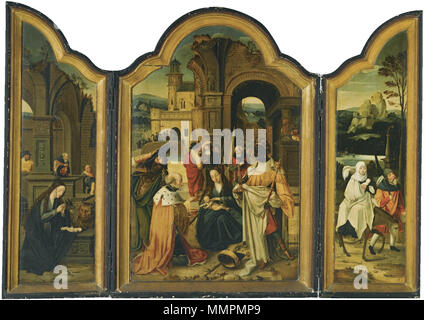 Ein Triptychon: zentrale Panel: Die Anbetung der Könige; linker Flügel: Die Geburt Christi; rechter Flügel: Die Flucht nach Ägypten. von 1520 bis 1530 n. Antwerpse School - Triptychon Stockfoto