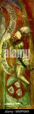. Das Selbstbildnis des Malers Johannes Aquila in Martjanci, Nordosten Sloweniens. Es ist an der südlichen Wand des Presbyteriums in St. Martin Kirche in Martjanci und Termine für 1392. Es ist die älteste Selbstbildnis in Slowenien und zusammen mit Aquila's Self-portrait in Velemér, Westungarn, eines der ältesten in Europa. Die lateinische Inschrift lautet: "Omnes s (anct) Ich. orate. p (Rom) e Johanne Aquile pictore', das heißt: "Alle Heiligen, bete für mich, Johannes Aquila [Johannes der Ev.], der Maler." Das Wappen ist das persönliche Wappen des Malers und ist der Brief ein Einschreiben. Stockfoto