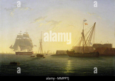 . Englisch: HMS 'Clyde' Ankunft in Sheerness nach dem "Nore" Meuterei, 30. Mai 1797. Die 'Clyde' dargestellt Ankommen bei Sonnenaufgang in der Medway, Sheerness Dockyard. Sie ist im mittleren linken Abstand, in Port-Bow View auf der Steuerbord, fliegt eine weiße Fahne, sondern mit einem roten hängt über ihr Hafen Viertel auf der Schiene als Signal. Näher, Mitte links, ist ein Fräser in Steuerbord - Bow View, günstig eine Boje und mit einem Boot unter ihrem Stern. Links im Vordergrund ist eine große Mooring. Auf der rechten Seite des Bildes, gegen die aufsteigende Sonne, ist eine blosse Hulk für Masting oder de-Masting Schiffe, in b gezeigt wird verwendet Stockfoto