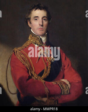 . Der Herzog von Wellington steht auf halber Länge, das Tragen des Feldmarschalls Uniform, mit dem Garter Star und Schärpe, die Abzeichen des Goldenen Vlies, und eine spezielle Abzeichen von der Prince Regent bestellt getragen von 1815 von Knights Grand Cross des militärischen Abteilung des Ordens der Badewanne, die auch Ritter Begleiter wurden über die Reihenfolge der Strumpfband zu sein. Arthur Wellesley, 1. Herzog von Wellington (1769-1852). ca. 1815 - 16. Arthur Herzog von Wellington Stockfoto