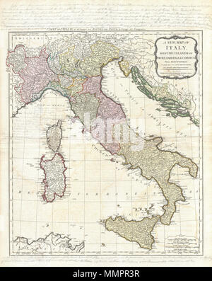 . Englisch: Eine seltene und schöne 1794 Karte von Italien von J. B. B. d'Anville. Deckt Italien aus der Schweiz nach Süden bis Sizilien einschließlich Korsika, Sardinien, und Teilen Nordafrikas und Dalmatien. Italien selbst ist in verschiedene Staaten, Herzogtümer, Lehen und Königreiche unterteilt. Dazu gehören die Staaten der Kirche, Toskana, Venedig, Parma, Modena, Neapel, Savoyen, Mailand, Piemont, Genua, etc. Bietet ein außerordentliches Maß an Detail und merkte nach Straßen, Städte, Burgen, Klöster, Wälder, Sümpfe, Flüsse, Städte und die Berge. Es gibt erhebliche Notationen in den oberen Rand, unteren Rand und ich Stockfoto