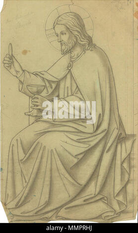 . Christus, Zittende naar links, met aureool. Linkerhand in zijn een Kelk en in zijn een rechterhand Hostie. Voor een Ontwerp tabernakeldeurtje met een Christusfiguur. Zwischen 1850 und 1900. Voor een Ontwerp tabernakeldeurtje met een Christusfiguur Cuypershuis BR0437 f Stockfoto