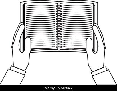 Offenes Buch in den Händen der männlichen Vektor-illustration dünne Linie Stock Vektor