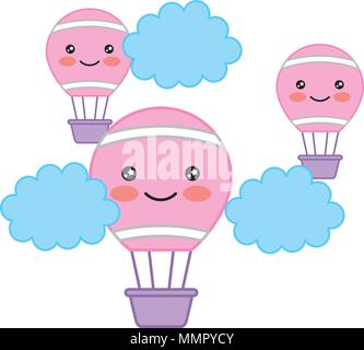 Kawaii Heißluftballone fliegen im Himmel Cartoon Stock Vektor