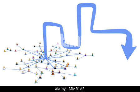 Masse von kleinen symbolischen 3D-Figuren mit Linien, ungerade Pfeil ab, über Weiß, isoliert, horizontal Stockfoto