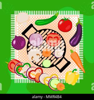 Gemüse Picknick im Freien. Ansicht von oben. Grünes Gras, Tischdecke, runde Grill, holzspieße. In Scheiben geschnitten und Ganzes Gemüse - Zwiebel, Zucchini, Toma Stock Vektor