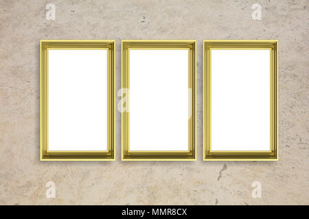 Frames golden isoliert auf beige stein Wand Hintergrund mit Kopie Raum für Text, 3D-Darstellung Stockfoto