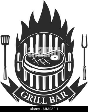 Grill Bar. Fleisch Fleisch geschnitten und gekreuzten Hackmesser. Design Element für Logo, Label, Emblem. Vector Illustration Stock Vektor