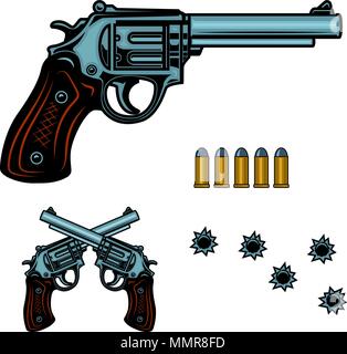 Revolver bunten Illustrationen. Gun Kugeln und Bohrungen. Design Element für Poster, Emblem, Zeichen, Banner. Vektorbild Stock Vektor