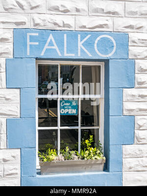 Altmodisches Gebäude Fenster, Falko Konditormeister Konditorei und Café, Market Street, Haddington, East Lothian, Schottland, Großbritannien Stockfoto