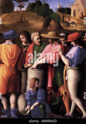 Englisch: Szenen aus der Geschichte von Josef: Auf der Suche nach der Schale. zwischen 1515 und 1516. Bacchiacca - Szenen aus der Geschichte von Josef - die Suche nach der Schale - WGA 01100 Stockfoto