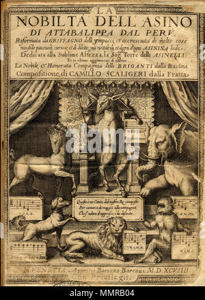 . Titelblatt von "nobilta dell' asino" (Adriano Banchieri). 1599. Adriano Banchieri Banchieri - nobilta-1599 Stockfoto