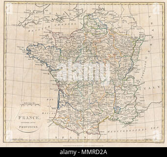 . Englisch: Eine feine 1799 Karte von Frankreich, aufgeteilt in Provinzen, die von den englischen Karte Verleger Clement Cruttwell. Frankreich war in Provinzen bis März 4, 1790, bei der Gründung der Abteilung Systeme abgelöst Provinzen organisiert. Die Änderung war ein Versuch, lokale Loyalitäten auf feudalen Besitz von Land zu beseitigen und alle Treue konzentrieren sich auf die Zentralregierung in Paris. Es waren rund 40 Provinzen in Frankreich, bevor sie abgeschafft wurden. Karten zeigt alle Provinzen, einschließlich der Provinz Île-de-France, das Zentrum der Macht, während die meisten der französischen Geschichte. Viele Atlas während produziert Stockfoto