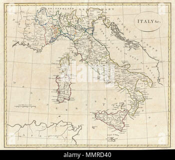 . Englisch: Eine feine 1799 Karte von Italien von der englischen Karte Verleger Clement Cruttwell. Zeigt im ganzen Land einschließlich der Inseln Sizilien, Sardinien und Korsika und Malta. Umfasst die Regionen Piemont, Savoyen, Allesandrine, Parma, Venedig, Genua, Modena, Toskana, den Staaten der Kirche, und Neapel. An diesem Punkt in der Zeit Italien war ein wichtiger Teil der "Grand Tour" einen Zeitraum, in dem die ausländischen, hauptsächlich Britischen, Aristokraten, Frankreich, Italien und Griechenland tourte ihre Künste, Kulturen zu schätzen, und Denkmäler. Die Städte Venedig und Rom waren die Hauptattraktionen für Thess Stockfoto