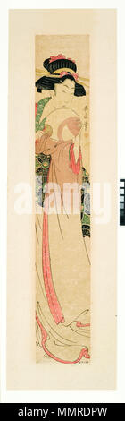. Englisch: Beitritt Artikelnummer: 1957.159 Anzeige Artist: Kikukawa Eizan Anzeige Titel: Beauty Holding einen Ventilator Erstellungsdatum: Ca. 1805-1810 Höhe: 23 cm. Breite: 3 cm. Anzeige Maße: 23 3/8 x 3 7/8 in. (59.37 cm x 9,84 cm) Credit Line: Nachlass von Frau Cora Timken Burnett Label Copy (Spanisch): "El puente Ryogoku, que bullicioso marcaba el centro de Tokio, haba Sido un sujeto Beliebte en los grabados de finales Del Siglo XVIII hasta mediados Del Siglo XIX. En esta presentacin nostlgica, Los Barcos de Placer estn vacos y dos figuras solitarias Miran hacia El Puente representado tenuemen Stockfoto