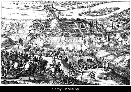 . English: Belagerung der Stadt Frankfurt (Oder) durch die Schweden 1631, Kupferstich aus dem Theatrum Europaeum, Frankfurt am Main 1646. Legende: A: Pfarrkirch, B: S. Nicolaus/darinn das Pulver gewesen, C: barfüsser Kirch, D: Rath-Hau ß, E: Brücken Thor/darinn sterben Bagagie sich gesteckt, F: Libussisches Thor, G: Gubenisches Thor/welches mit Zweo Petarden gesprenget/worauff sterben Schwedischen zu Fuß hinein gedrungen/denen der Obriste Baudissen mit thunfischwadenfänger Reuterey gefolget, H: Sturmb in welchem I. Königliche Mayestat selbsten hinein kommen, J: kayserliche Schantz, K: Flüchtige Soldaten/ Stockfoto