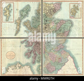 . Englisch: ein sehr attraktives Beispiel für John Cary's stupendous vier Blatt 1801 Karte von Schottland. Deckt die Gesamtheit von Schottland sowie Teile des benachbarten England und Irland. Kartenausschnitte Detail die Orkney Inseln und Shetland Inseln. Bietet außergewöhnliche Detail auf das Ganze von Schottland mit besonderem Augenmerk auf Topographie, historische Schreibweisen, und Fahrbahnen. Hinweis Kilometerleistung. Vier Blätter in einer einzigen, riesigen Landkarte von Schottland geeint zu sein siehe Rumsey Beispiel 1675.011. Alles in allem, eines der größten und Höchst detaillierte Karten von Schottland in den ersten Jahren der Th zu erscheinen Stockfoto