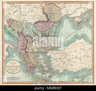 . Englisch: Ein außergewöhnlich schönes Beispiel von John Cary's wichtige Karte 1801 der Türkei in Europa. Abdeckungen von der Adria nach Osten auf die Krim und nach Süden so weit wie Kreta und Zypern. Während technisch eine Karte der osmanischen Betriebe in Europa, diese Karte ist im Wesentlichen eine Karte von Griechenland und den Balkan. Umfasst die heutigen Länder Türkei, Griechenland, Albanien, Mazedonien, Rumänien, Bulgarien, Moldawien, Serbien, Bosnien, Kroatien und Montenegro. Nimmt die Trennlinie zwischen Europa und Asien führt durch das Schwarze Meer und der Ägäis. Alles in allem eines der interessantesten und schönsten Ein Stockfoto