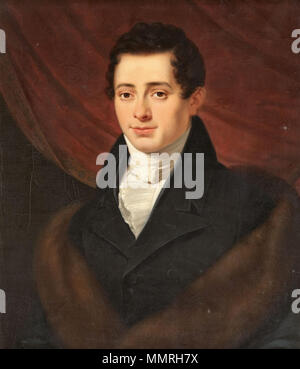 . English: Bildnis eines jungen Mannes vor rotem Vorhang. Deutsch, 1. Lehrwerk des 19. Jahrhunderts. . 19. Anonyme Bildnis eines jungen Mannes vor rotem Vorhang D 19. Jh Stockfoto
