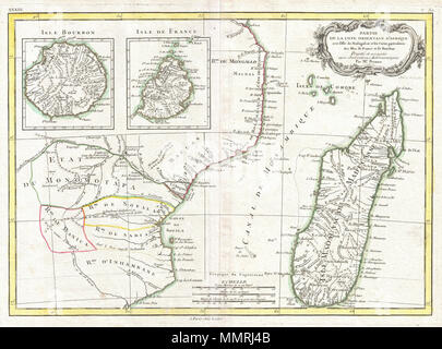 . Englisch: Ein schönes Beispiel für die Rigobert Bonne C. 1770 dekorative Karte von der südöstlichen Afrika und Madagasgar. Etwa umfasst das Gebiet Strom in Mosambik und Madagaskar. Auch Übersichtskarte der Insel Bourbon und Isle de France oder Mauritius. Dieser region Afrikas hielt eine besondere Faszination für die Europäer, da die Portugiesische es zuerst im 16. Jahrhundert gefunden. Zu der Zeit wurde dieses Gebiet ein riesiges Reich namens Mutapa oder Monomotapa, dass ein aktiver Handel Netzwerk mit weit entfernten Partnern in Indien und Asien gepflegt. Wie die portugiesische Präsenz im Bereich wu Stockfoto