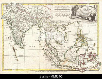 . Englisch: Ein schönes Beispiel für die Rigobert Bonne C. 1770 Karte von Indien, Südostasien und Ostindien. Abdeckungen aus Kandahar und die Malediven im Westen ostwärts zu umfassen alle von Indien, Südostasien (Burma, Thailand oder Siam, Malaysia, Kambodscha, Vietnam, Laos), Ostindien (Java, Sumatra, Borneo und Celebes) und auf den Philippinen. Beinhaltet auch viel von Tibet. Erkennt unzählige Städte, Flüsse, Wasserstraßen, sowie der Staaten, die in der gesamten Region. Die Namen der gerade Singapur als Sünde Capura. Vietnam ist in die königreiche fo Tonkin und Chochinchine unterteilt. Mit der Spitze des Formo Stockfoto