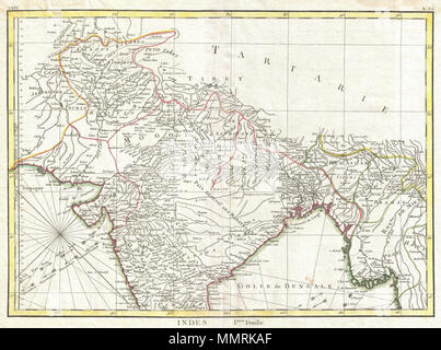 . Englisch: Ein schönes Beispiel für die Rigobert Bonne dekorative Karte 1770 im Norden Indiens. Abdeckungen der Subkontinent aus Kandahar Osten so weit wie Birma (Pegu) und nach Süden bis nach Goa. Namen unzählige Wichtige indische Städte, Flüsse und Minen. Kompasslinie Linien erscheinen in nautischen Zonen. Die Pfeile in der unteren linken und rechten zeigen die Richtung der vorherrschenden Winde während der trockenen Jahreszeit und der Monsunzeit. Von R.Bonne im Jahr 1770 für die Ausgabe als Platte Nr. gezeichnet Ein 26 in Jean Lattre die 1776 Ausgabe des Atlas Moderne. Iere indes. Feuille.. 1770 (undatiert). 1770 Bonne Karte vom nördlichen Indien, Burma ein Stockfoto