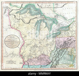 . Englisch: von John Cary 1805 veröffentlicht, das ist einer der interessantesten und schönsten Karten von der amerikanischen Grenze und die Region der Großen Seen in den ersten Jahren des 19. Jahrhunderts entstehen. Abdeckungen von Seen Superior Süd entlang des Mississippi River so weit wie Kentucky und Tennessee. Erstreckt sich in Richtung der westlichen Gebiet, Virginia, Pennsylvania, Ontario, und Teilen von New York, North Carolina, Maryland gehören. Diese wundervolle Karte wurde in einer Zeit des raschen westward expansion in Richtung des Mississippi River und versucht produziert Adresse eine allgemeine Faszination mit dieser weitgehend unexplor Stockfoto