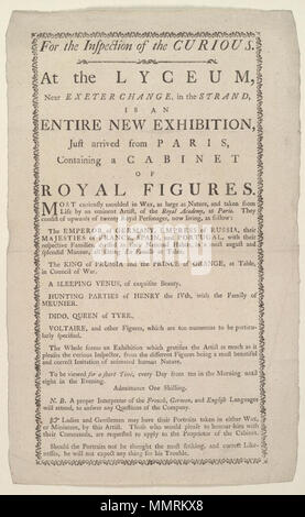 . Anzeige des Lyceum Theatre (London, England), [1785?], die Ankündigung eines Kabinetts der Königlichen zahlen. Die meisten neugierig in Wachs gegossen." Meine Damen und Herren, können Ihre Porträts in entweder Wachs genommen haben, oder Miniatur, von diesem Künstler... Sollte die Porträts nicht das Auffälligste, und korrigieren Sie ähnliches gedacht werden, wird er nicht erwarten, dass jede Sache, die für seine Mühe'; Kabinett der Königlichen zahlen. Die meisten neugierig in Wachs gegossen; Kaiser von Deutschland, Kaiserin von Russland, ihre majestäten von Frankreich, Spanien und Portugal, mit ihren jeweiligen Familien ...; der König von Preußen und der Prinz von Oranien, am Tisch in der o Stockfoto