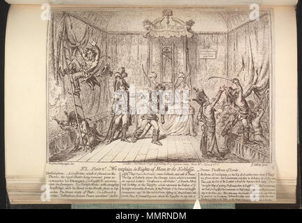 . Satire auf die Angst vor einer französischen Invasion, 1794-1805. (Britische politische Karikatur); Dieser Ausdruck stellt eine Szene im Oberhaus. Eine Guillotine ist auf den Thron gesetzt; Französische Offiziere Angriff die Dekoration des Hauses, einschließlich einem Wandteppich, der die Niederlage der Spanischen Armada.; farblose Kopie Folgen eines erfolgreichen französischen Invasion N. 1 Platte 2d: Wir erklären de Rechte des Menschen zu de Noblesse. 1. März 1798. Dalrymple, John, Sir, 1726-1810 [Thema] Bodleian Bibliotheken, Folgen eines erfolgreichen französischen Invasion N 1 Platte 2d - Wir de Rechte des Menschen zu de Noblesse erklären Stockfoto