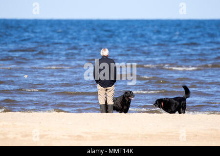 Southport, Großbritannien. 13. Mai 2018. Einen schönen, sonnigen und warmen Start in den Tag für den Hund Wanderer mit ihrem Hündchen für einen Spaziergang am goldenen Sandstrand von Southport Strand in Merseyside. Credit: cernan Elias/Alamy leben Nachrichten Stockfoto