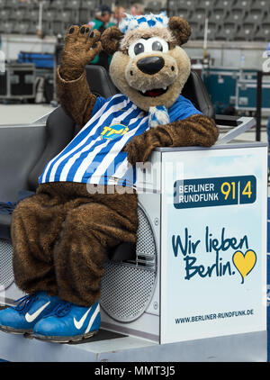 12. Mai 2018, Deutschland, Berlin: Fussball, Bundesliga, Hertha BSC vs RB Leipzig am Olympiastadion. Hertha's Maskottchen Herthinho. Foto: Soeren Stache/dpa - WICHTIGER HINWEIS: Aufgrund der Deutschen Fußball Liga (DFL) · s Akkreditierungsregeln, Veröffentlichung und Weiterverbreitung im Internet und in online Medien ist während des Spiels zu 15 Bildern pro Match Credit begrenzt: dpa Picture alliance/Alamy leben Nachrichten Stockfoto