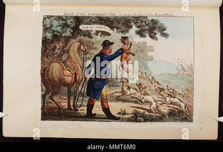 . Satire auf die Angst vor einer französischen Invasion, 1794-1805. (Britische politische Karikatur); George III hält die Fox, Napoleon, für die Jagdhunde, die springen Sie eifrig. Ihre Halsbänder identifizieren Sie als die admirals St. Vincent, Nelson, Sydney Smith, Gardner, und Cornwallis. Tod der Korsischen-Fox. Die letzte Szene, der königlichen Jagd. 20. Juli 1803. Bodleian Bibliotheken, Tod des Corsicanfox Szene der Letzte, der königlichen Jagd Stockfoto