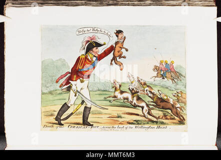 . Satire über die Schlacht von Waterloo. (Britische politische Karikatur) Tod des Korsischen - Fuchs - -: Szene des letzten Wellington Jagd. [1815-06]. Bodleian Bibliotheken, Tod des Corsicanfox-Szene der Letzte der Wellington Jagd Stockfoto