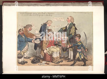 . Satire auf die Napoleonischen Kriege. (Britische politische Karikatur) Arzt Sangrado Aushärtung John Bull von volumenaufbau - Mit der jungen Clysterpipe & wenig Boney. 2. Mai 1803. Bodleian Bibliotheken, Arzt Sangrado Aushärtung John Bull von volumenaufbau mit der jungen Clysterpipe wenig Boney Stockfoto