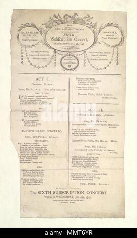 . Konzert bill der neuen Versammlung, Bad am Mittwoch, Dezember 28th, 1796, Bekanntgabe der Fünften Abonnement Konzert; Fragment fehlt von der linken Seite; Fünfte Abonnement Konzert; Ouvertüre (Haydn); Rezitativ; Fünfter Grand Concerto; Rezitativ; Ouvertüre von Händel; Song von Herrn Braham; Concerto piano-forte; Rezitativ; Lied; volles Stück (Shuster); Fünfte Abonnement Abonnement Konzert 5 Konzert. 28. Dezember 1796. Neue Baugruppe Zimmer (Bath, England) [Thema] Bodleian Bibliotheken, fünfte Abonnement Konzert Stockfoto