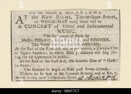 . Newscutting in bezug auf das neue Zimmer, Tottenham-Street, Vokal- und Instrumentalmusik zum Nutzen von Miss Abrams; Vokal- und Instrumentalmusik; zugunsten von Miss Abrams zugunsten von Miss Abrams. 15. April 1782. Neue Zimmer ([London], England) [Thema] Bodleian Bibliotheken, zum Nutzen von Miss Abrams Stockfoto